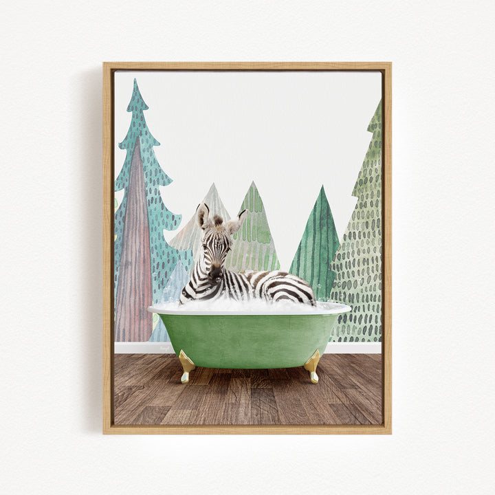 A zebra is sitting in a green bathtub, surrounded by a forest scene with trees and a snowy landscape.