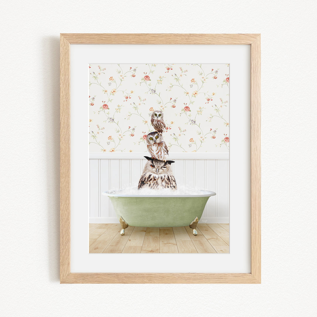 A framed image depicting a group of owls sitting in a green bathtub, with a floral wallpaper in the background.