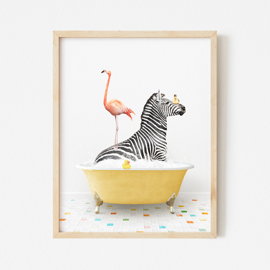 a picture of a zebra and a flamingo in a bathtub