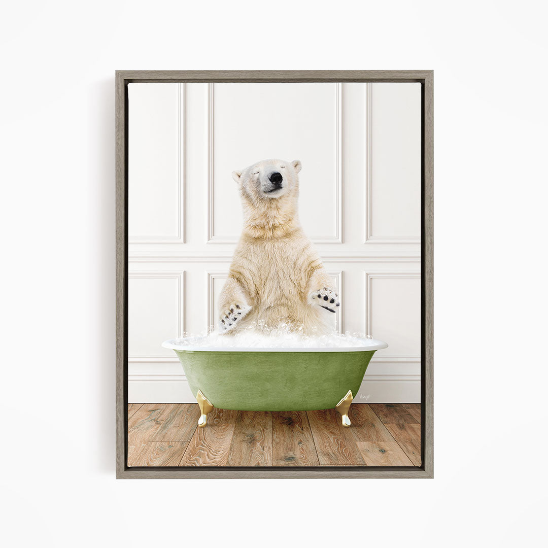 A polar bear standing in a green bathtub filled with water, appearing to enjoy the bath.