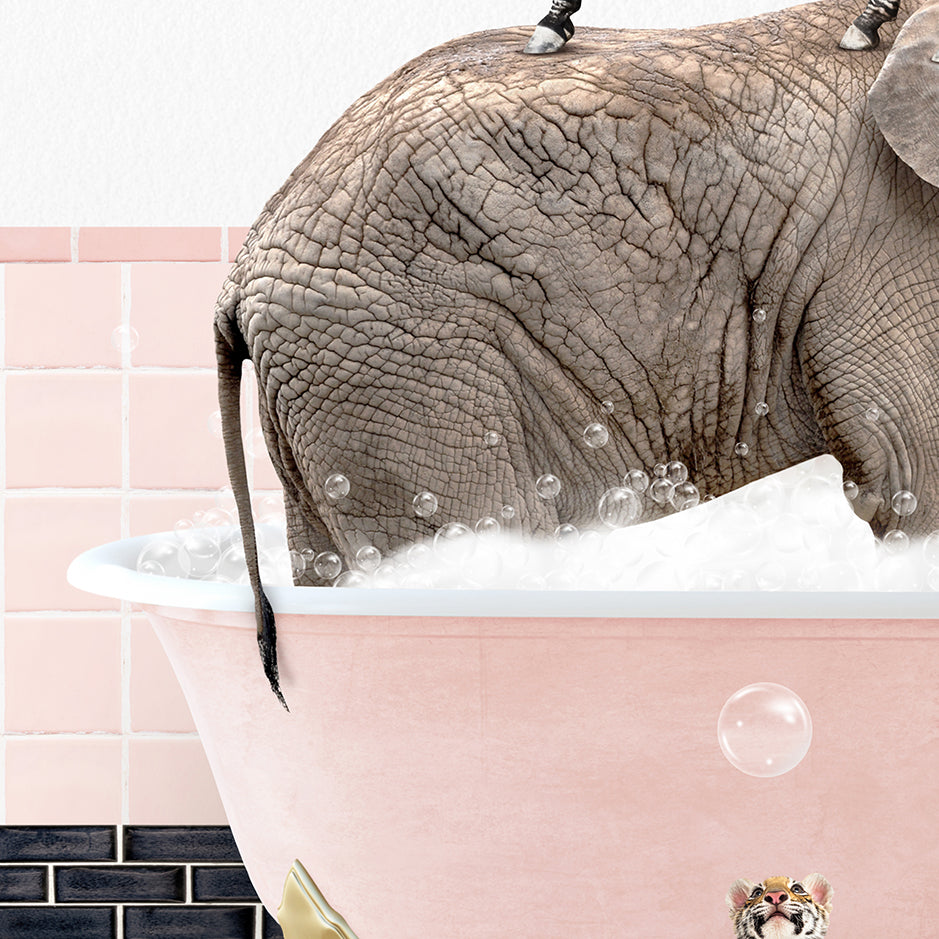 an elephant is taking a bath in a pink bathtub