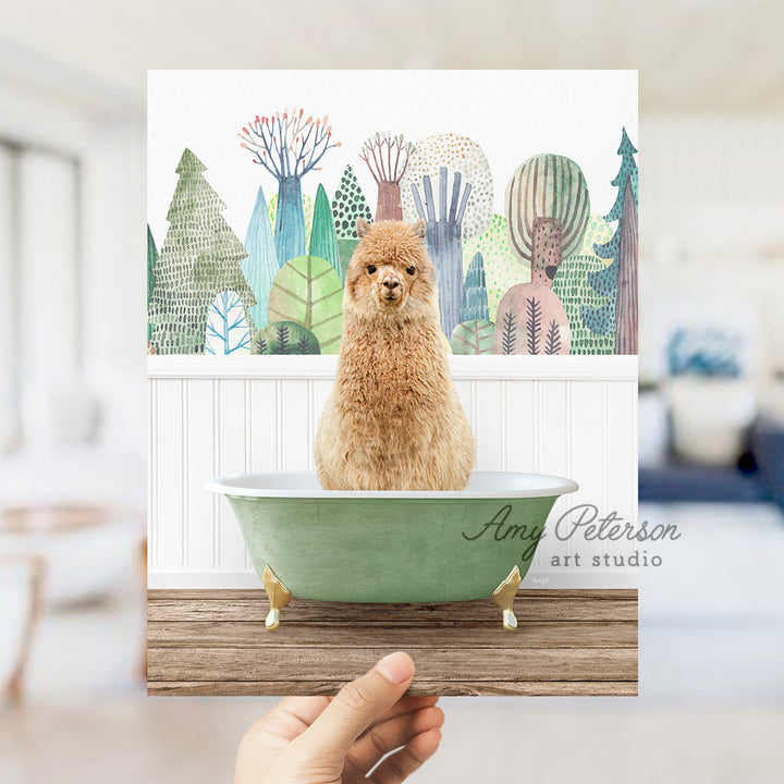 a person holding up a card with a dog in a bathtub