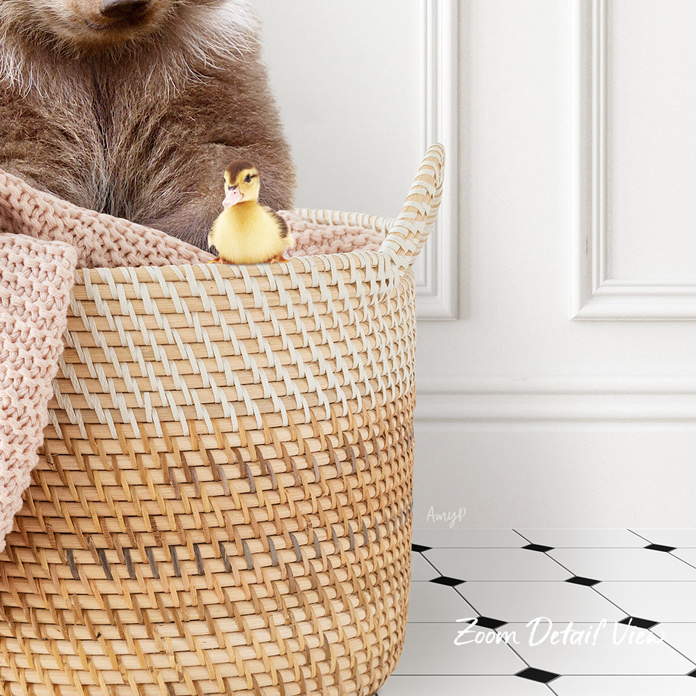 A small yellow duck sits in a woven basket, with a white wall and black and white tiled floor in the background.