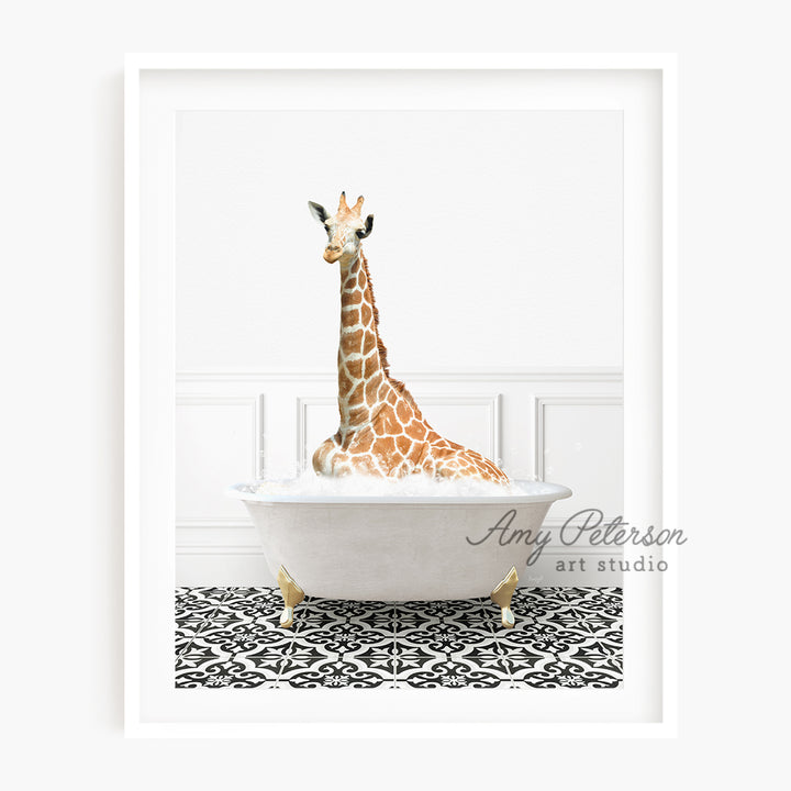 a giraffe is sitting in a bathtub