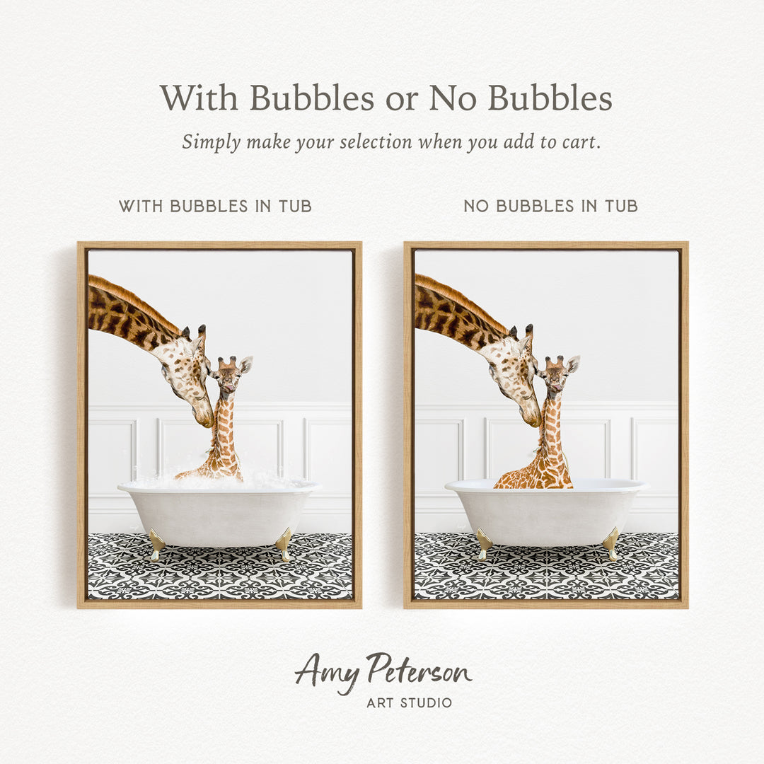 The image is a collage of two framed pictures depicting giraffes in a bathtub. The text above the images reads "With Bubbles or No Bubbles" and below the images, it says "Simply make your selection when you add to cart." The text at the bottom of the image says " Amy Peterson ART STUDIO".