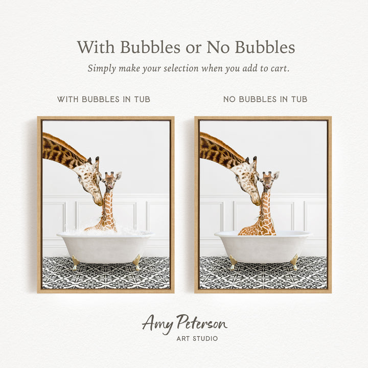 The image is a collage of two framed pictures depicting giraffes in a bathtub. The text above the images reads "With Bubbles or No Bubbles" and below the images, it says "Simply make your selection when you add to cart." The text at the bottom of the image says " Amy Peterson ART STUDIO".