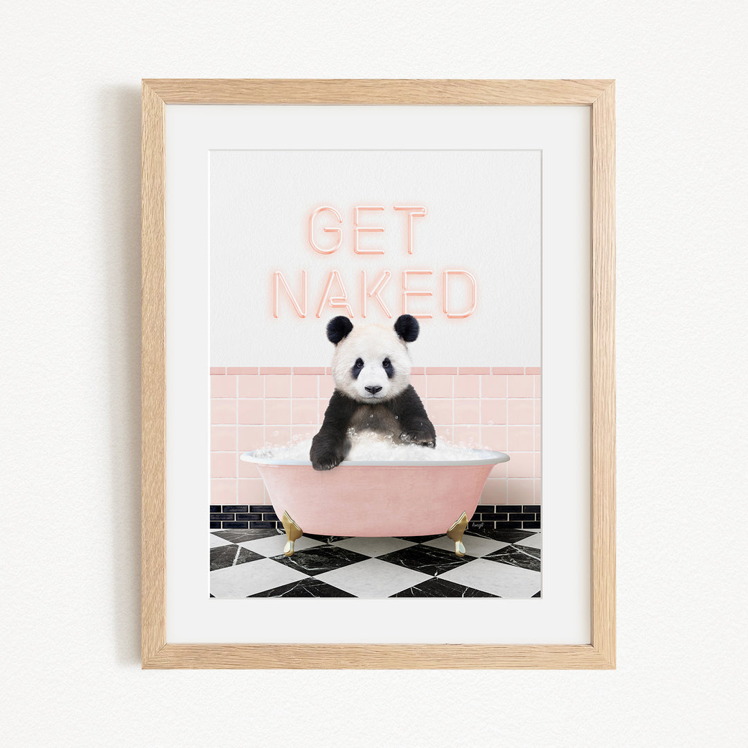 A panda bear sitting in a pink bathtub with the text "GET NAKED" displayed above it.