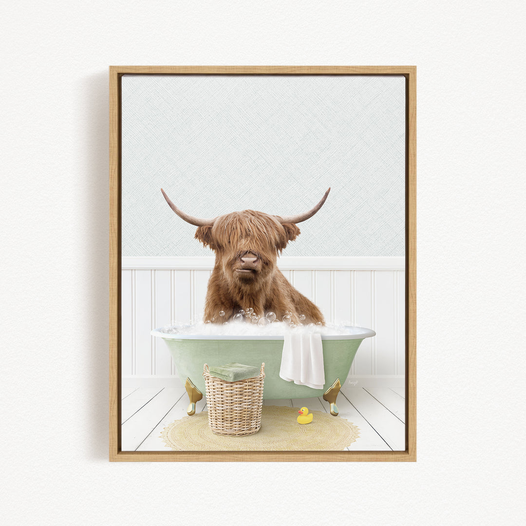 A Highland cow with shaggy brown hair is sitting in a green bathtub filled with water, surrounded by rubber ducks and a basket.