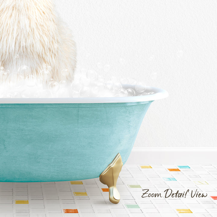 A fluffy white cat is sitting in a blue bathtub filled with bubbles, with a colorful tiled floor in the foreground.