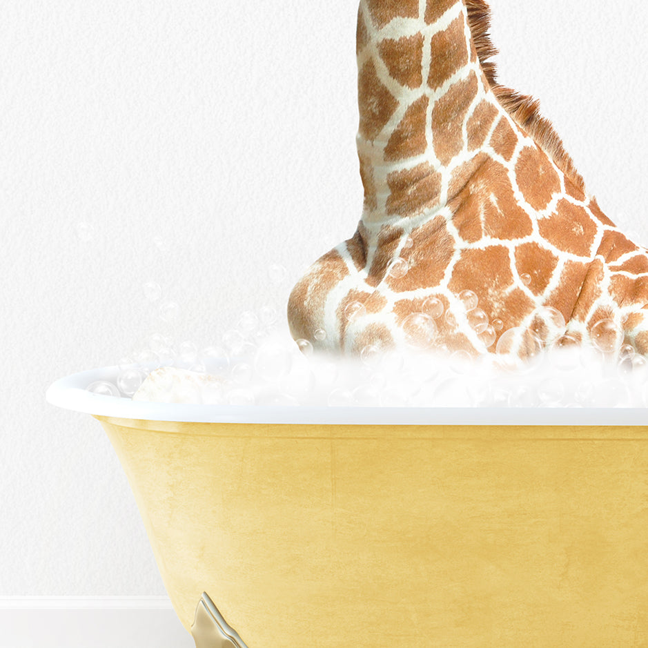 a giraffe sticking its head out of a bathtub