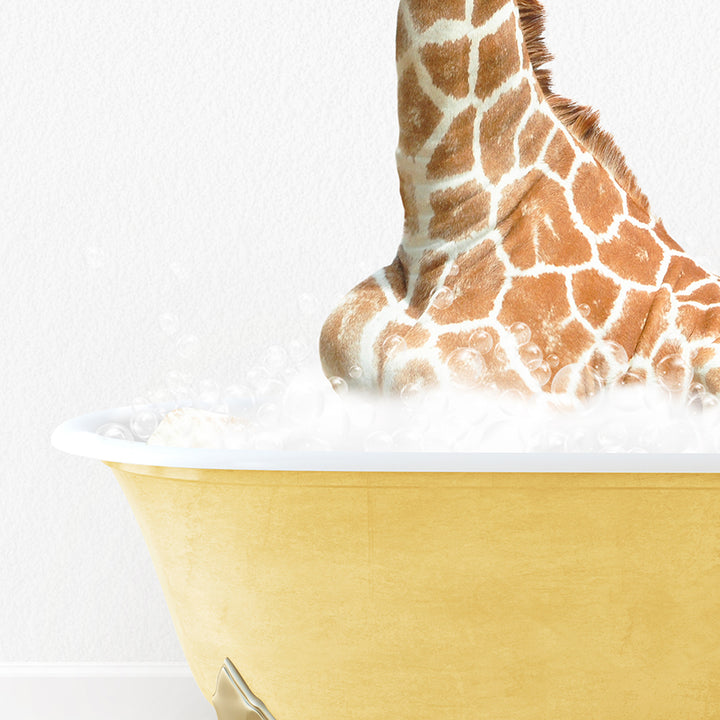 a giraffe sticking its head out of a bathtub