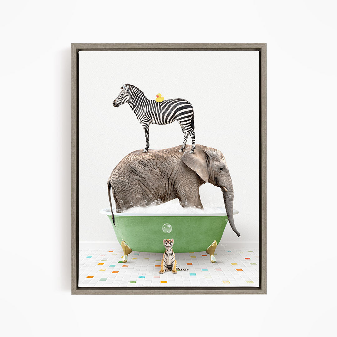 A zebra stands on the back of an elephant in a green bathtub, with a small tiger sitting nearby, all on a colorful tiled floor.