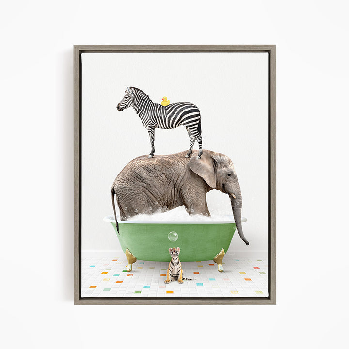 A zebra stands on the back of an elephant in a green bathtub, with a small tiger sitting nearby, all on a colorful tiled floor.