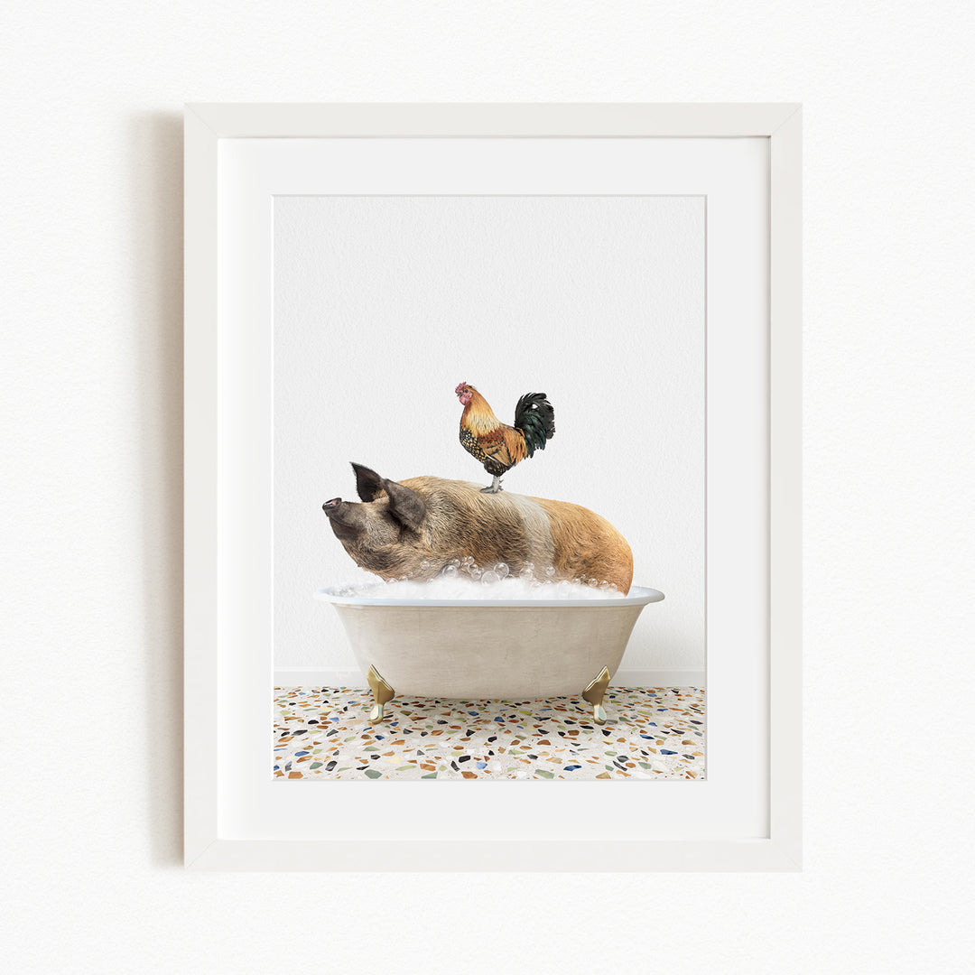 A rooster stands on a pig's back in a bathtub filled with water, creating a whimsical and humorous scene.