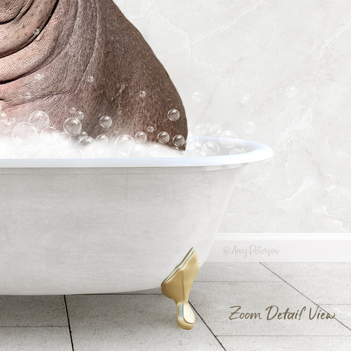 A white bathtub filled with bubbles, with a gold-colored claw-like object resting on the edge.