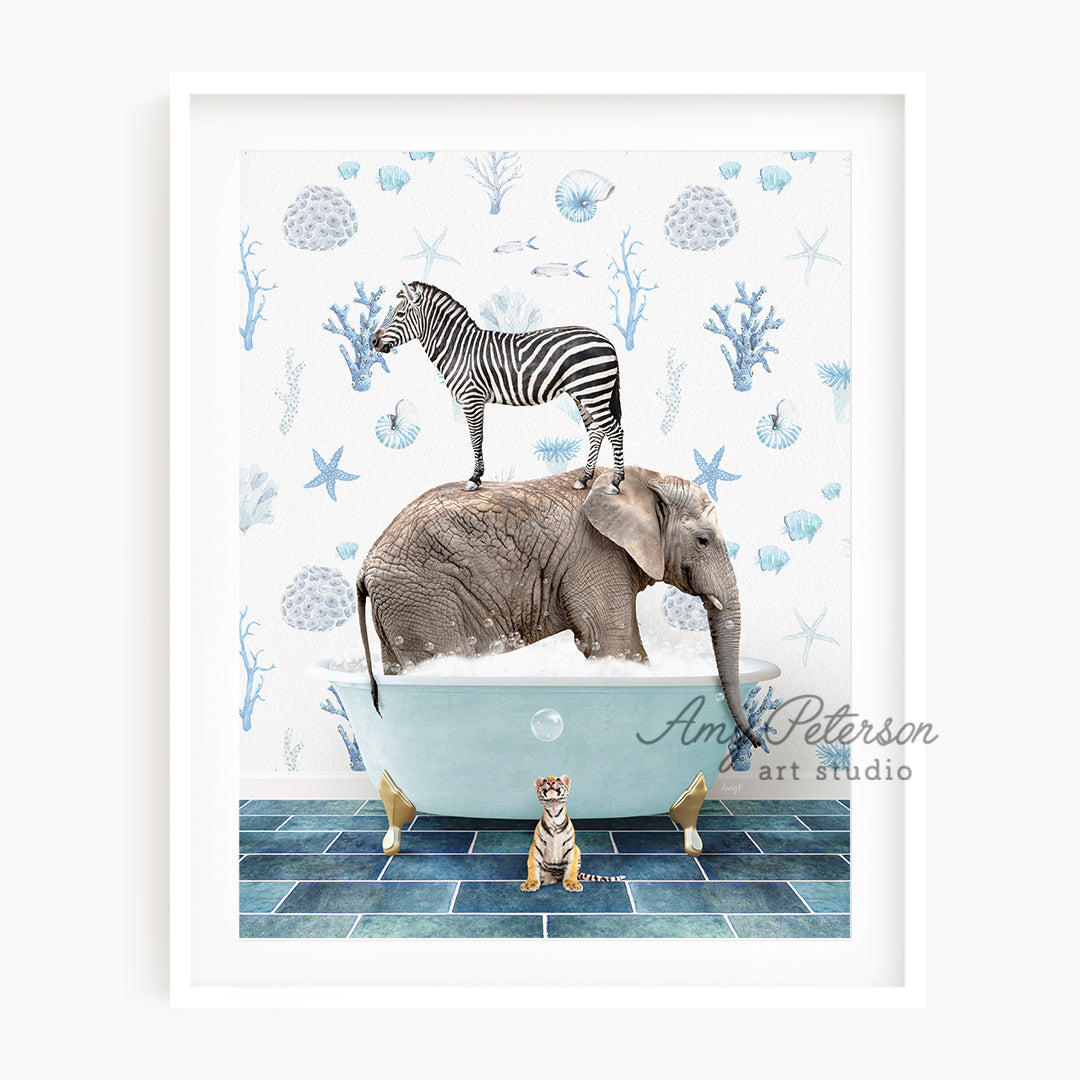 a picture of a zebra and an elephant in a bathtub