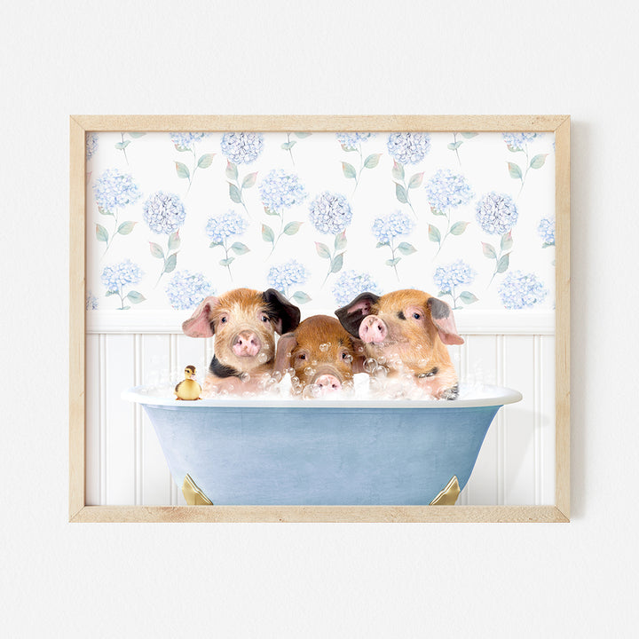 three pigs in a bathtub with blue flowers on the wall