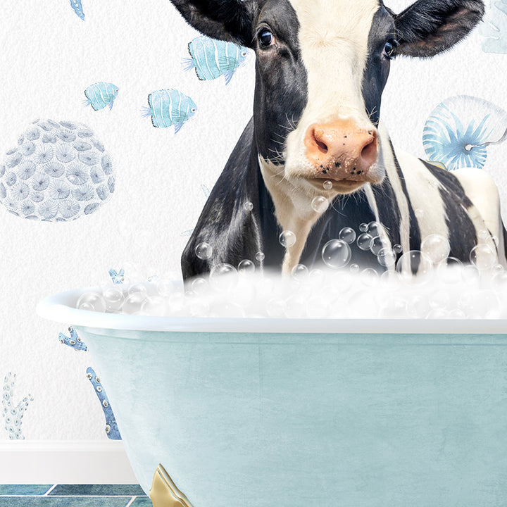 a black and white cow sitting in a bath tub