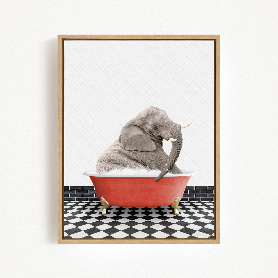 A gray elephant sitting in a red bathtub filled with water, surrounded by a black and white checkered floor.