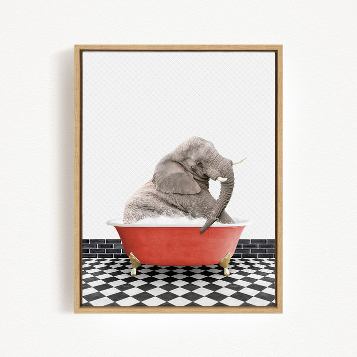 A gray elephant sitting in a red bathtub filled with water, surrounded by a black and white checkered floor.