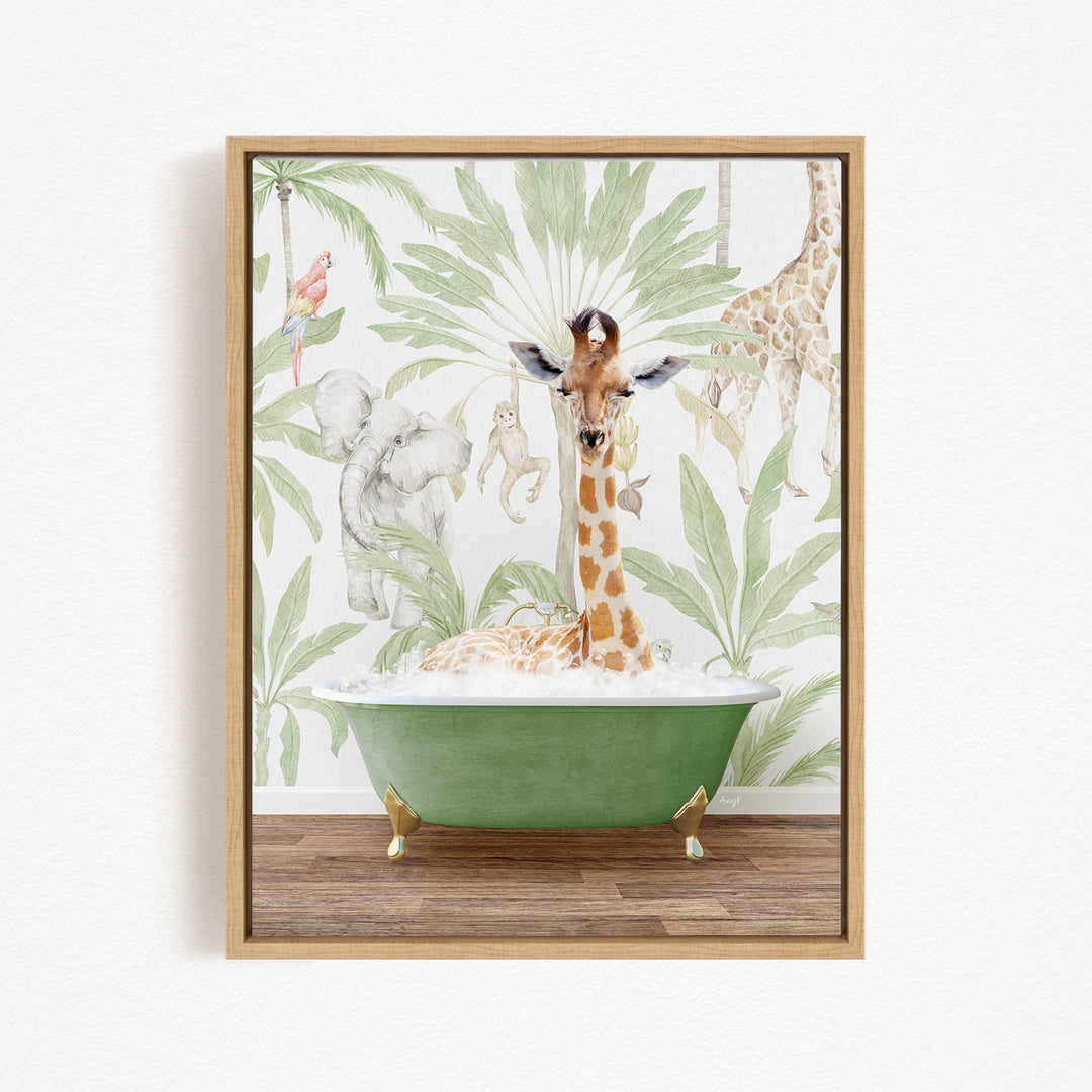 A giraffe is sitting in a green bathtub, surrounded by various animals and plants, creating a whimsical and playful scene.