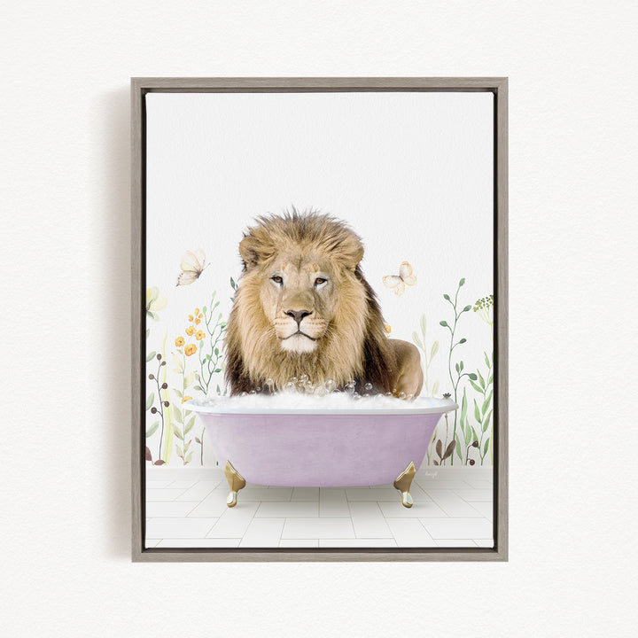 A lion is sitting in a bathtub filled with bubbles, surrounded by flowers and butterflies.