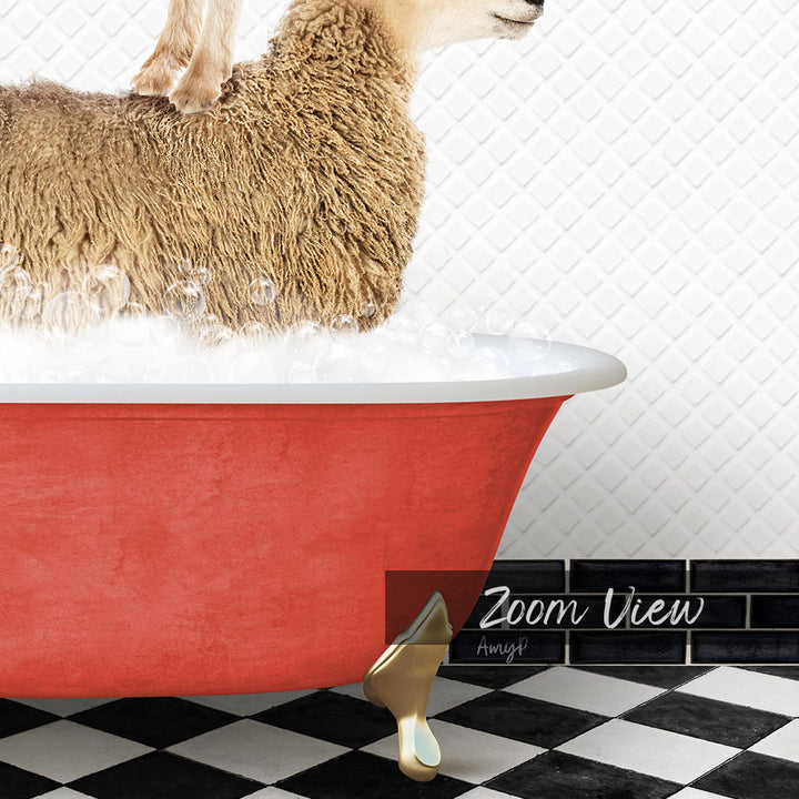 A fluffy brown sheep is sitting in a red bathtub filled with water, with a black and white checkered floor in the background.