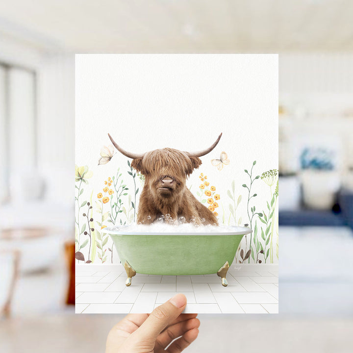 A brown cow with horns is sitting in a green bathtub filled with bubbles, surrounded by flowers and butterflies.