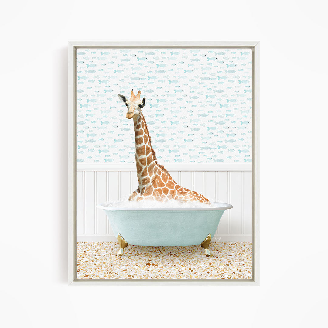 A giraffe sitting in a bathtub filled with water, surrounded by a pattern of fish.