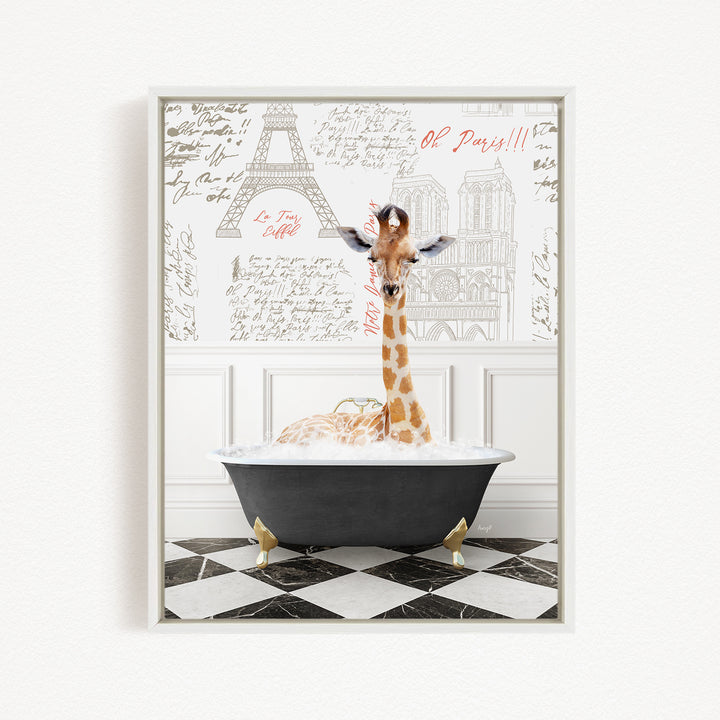 A giraffe sitting in a bathtub, surrounded by various Paris-themed elements such as the Eiffel Tower and other landmarks.