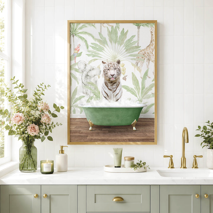 a bathroom with a framed picture of a tiger sitting in a bathtub, surrounded by tropical foliage. The bathroom has a white countertop, a green sink, and a vase of flowers.