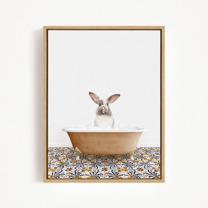 A white rabbit sitting in a bathtub filled with water, surrounded by a patterned tile floor.