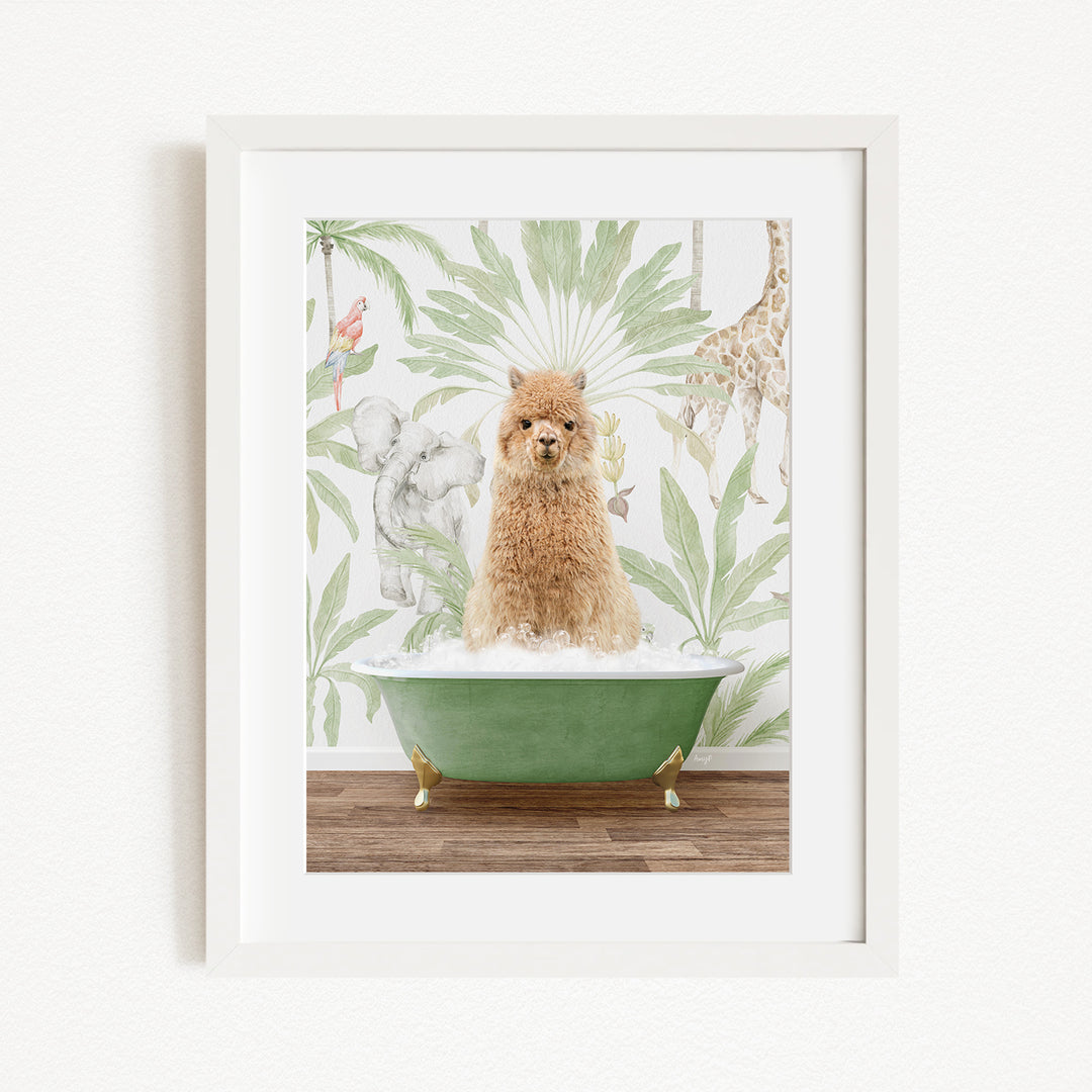 A small brown dog is sitting in a green bathtub filled with water, surrounded by a tropical wallpaper with various animals and plants.