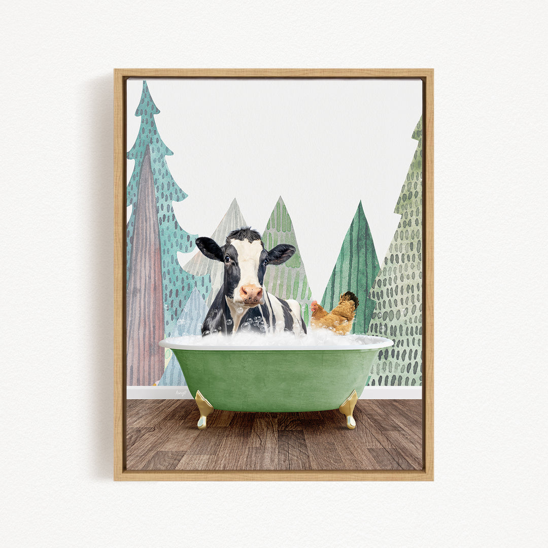 A cow is sitting in a green bathtub, surrounded by a forest scene with trees and a bird.