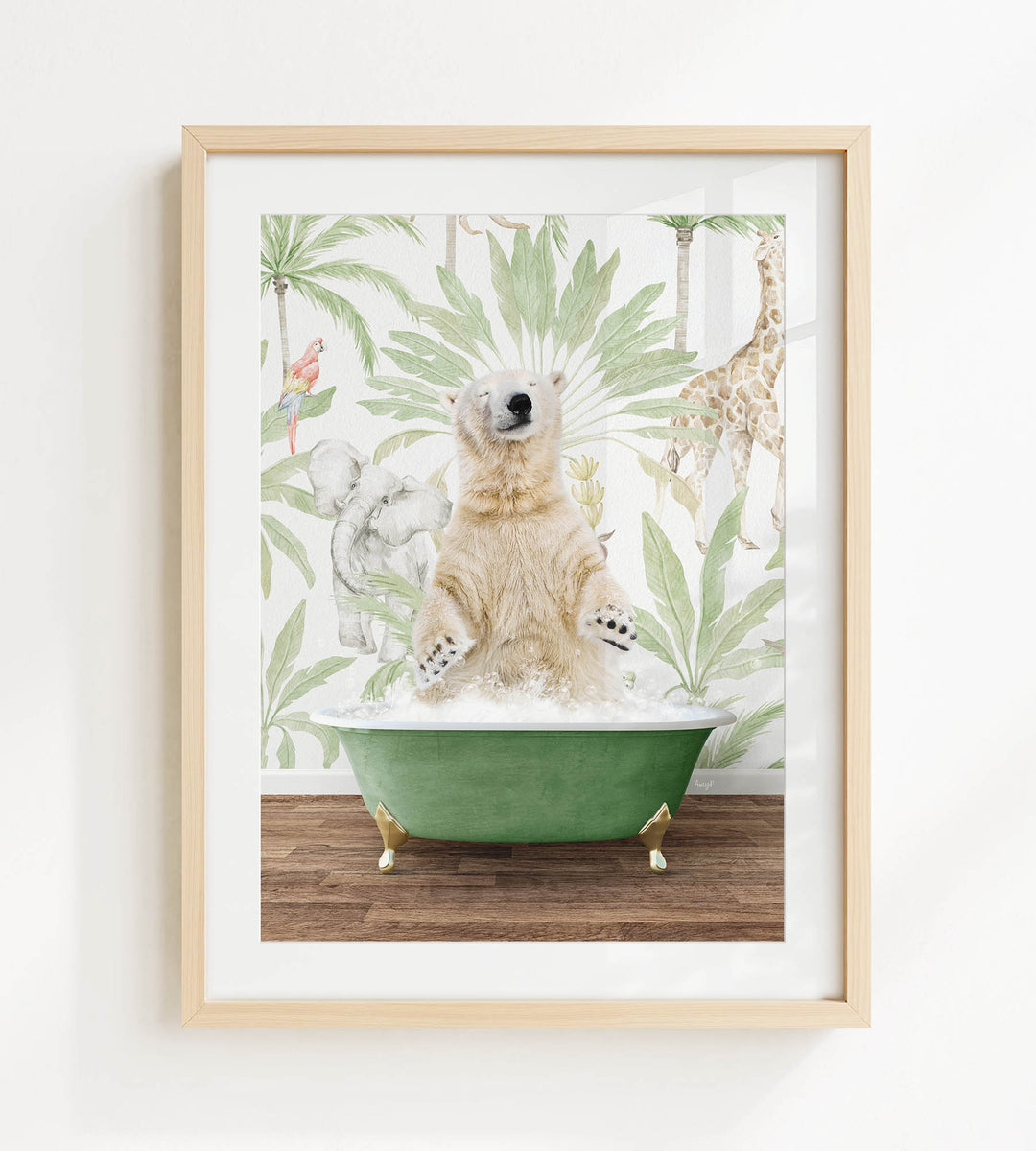 A polar bear is sitting in a green bathtub, surrounded by tropical plants and animals, creating a whimsical and playful scene.