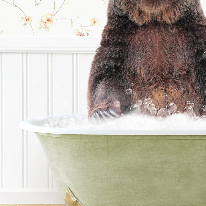 a brown bear sitting in a bath tub filled with bubbles