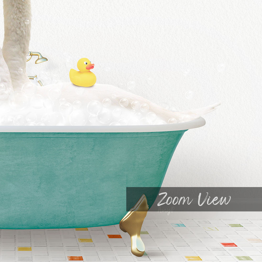 A yellow rubber duck sits in a green bathtub filled with bubbles, with a text overlay that reads "Zoom View".
