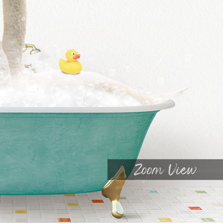 A yellow rubber duck sits in a green bathtub filled with bubbles, with a text overlay that reads "Zoom View".
