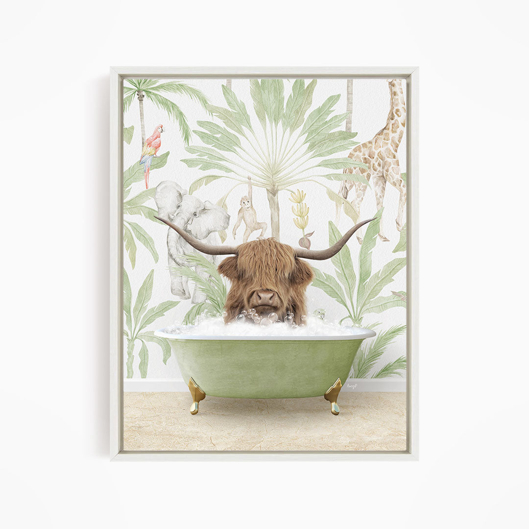 A brown cow with long horns is sitting in a green bathtub, surrounded by tropical plants and animals, including a giraffe and a parrot.