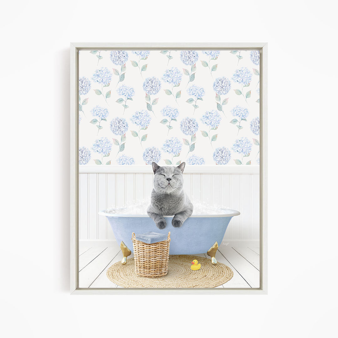 A gray cat sitting in a blue bathtub filled with bubbles, surrounded by a wicker basket and yellow rubber ducks.