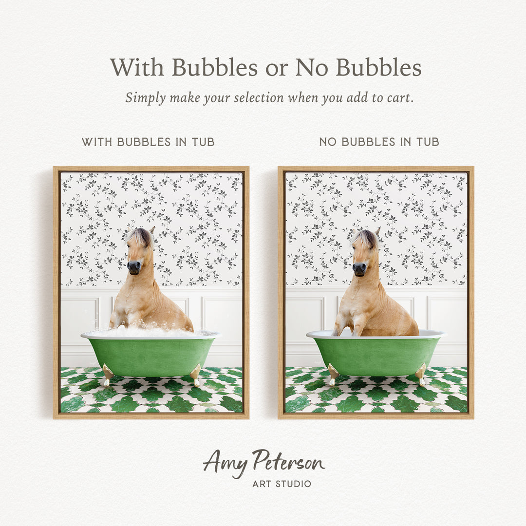 The image is a collage of two pictures featuring a horse sitting in a green tub with bubbles, and another picture of the same horse sitting in a green tub without bubbles.