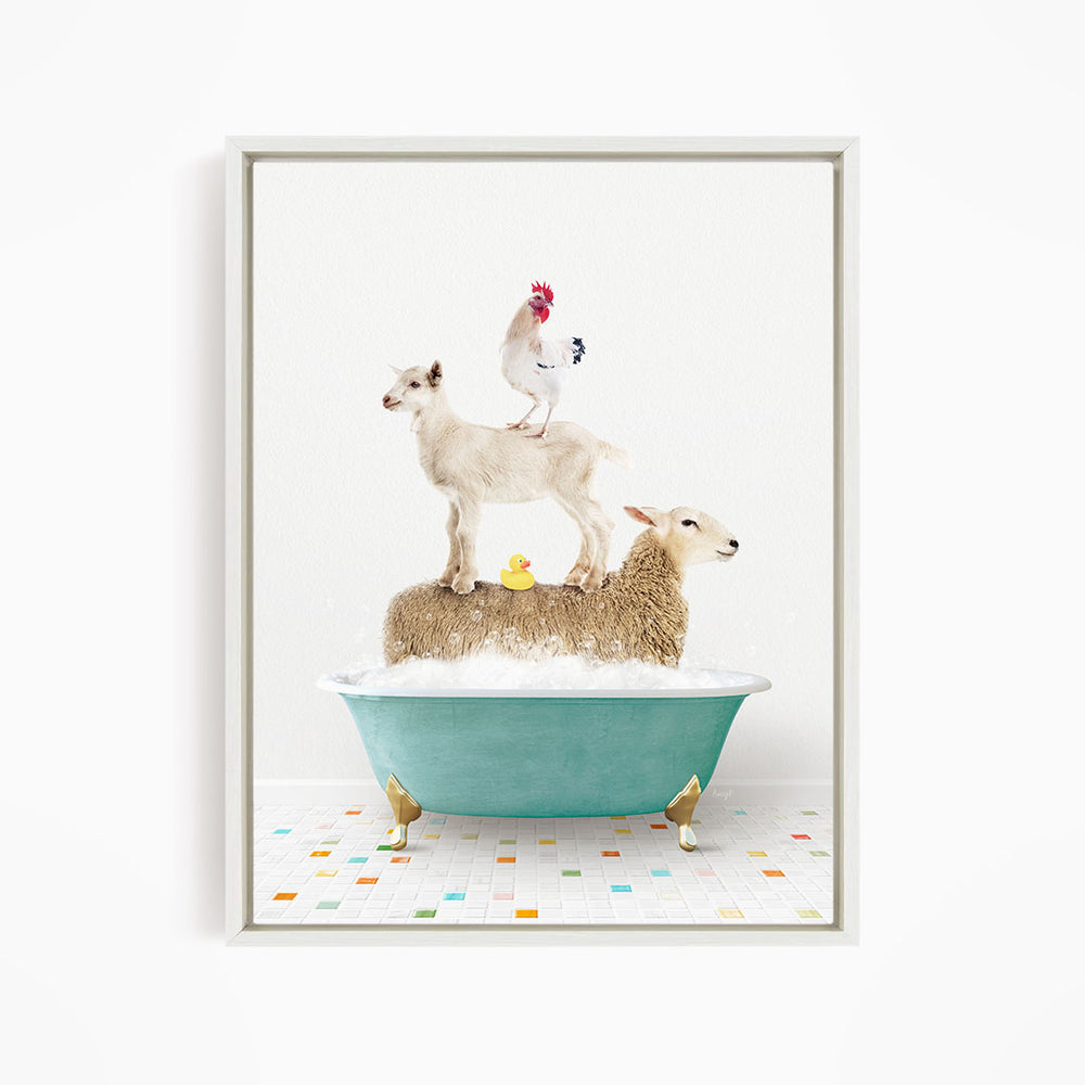 A framed image depicting a sheep standing on a chicken's back while a lamb sits in a bathtub, with a rooster perched on top of the chicken.