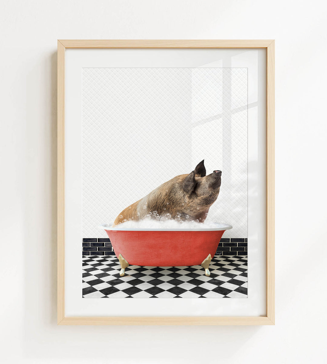 A brown pig sitting in a red bathtub filled with water, looking up at the camera.