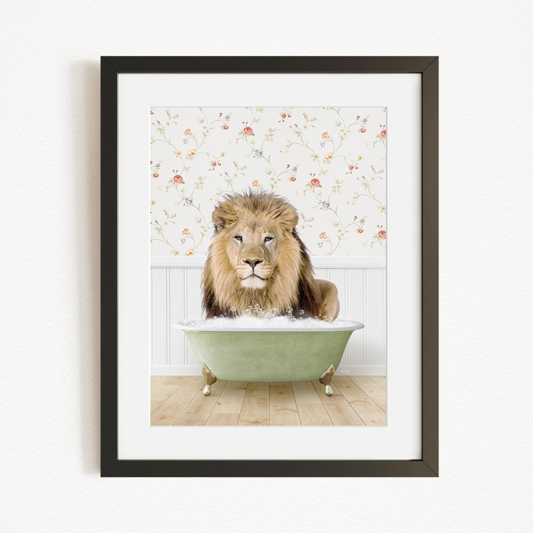 A lion sitting in a green bathtub, surrounded by a floral patterned wall.