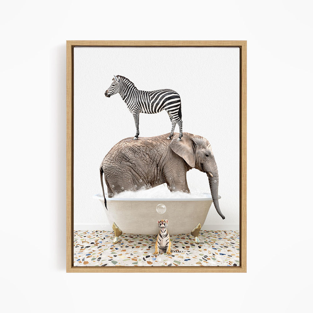 A zebra standing on an elephant's back, with a small tiger sitting in a bathtub in the foreground.