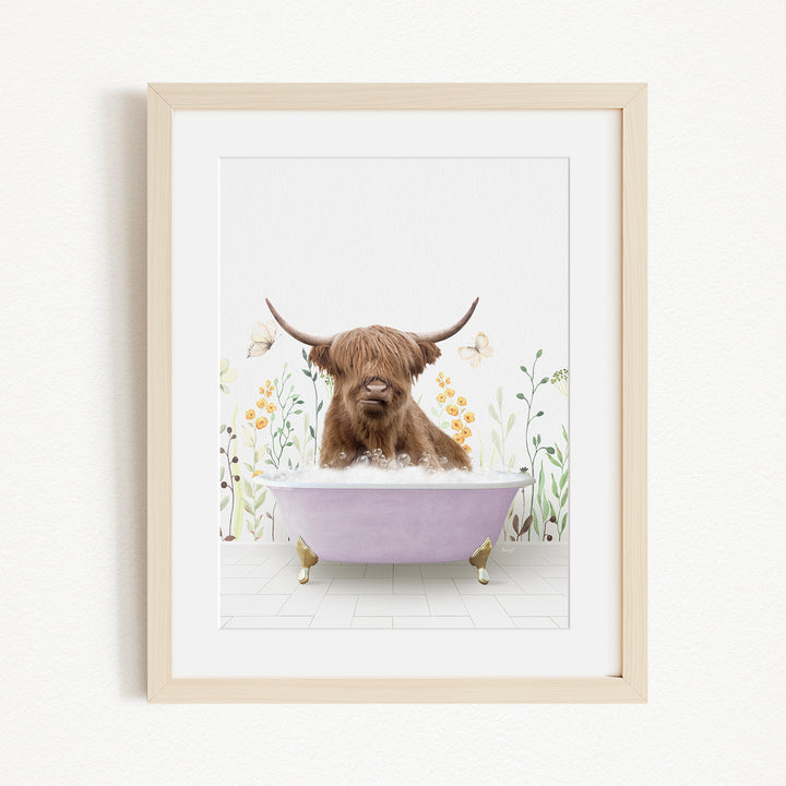 A brown cow with large horns is sitting in a purple bathtub, surrounded by flowers and butterflies.
