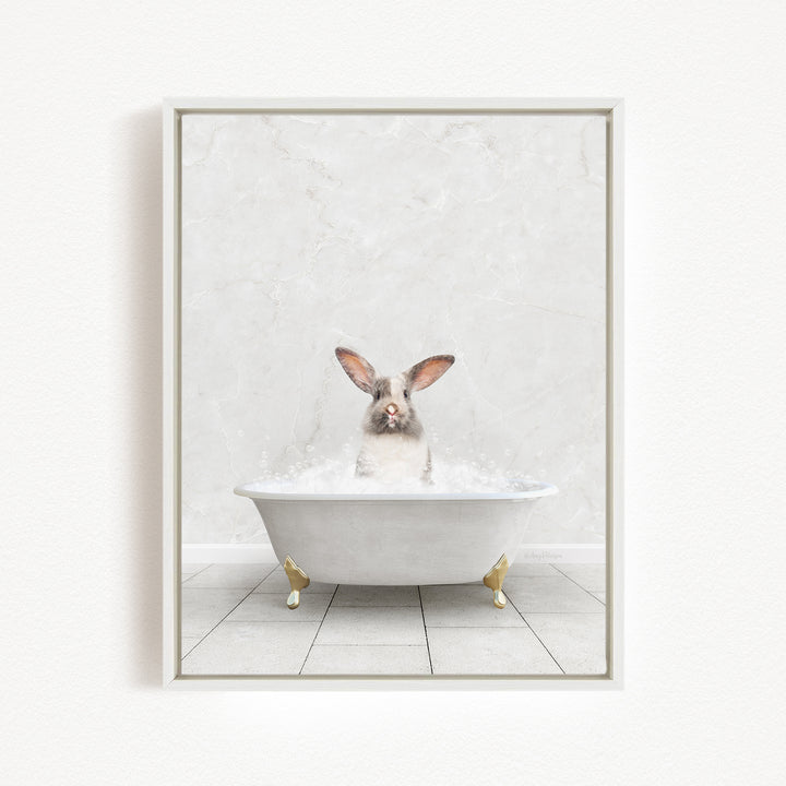 A white rabbit sitting in a white bathtub filled with water, with its head above the water's surface.