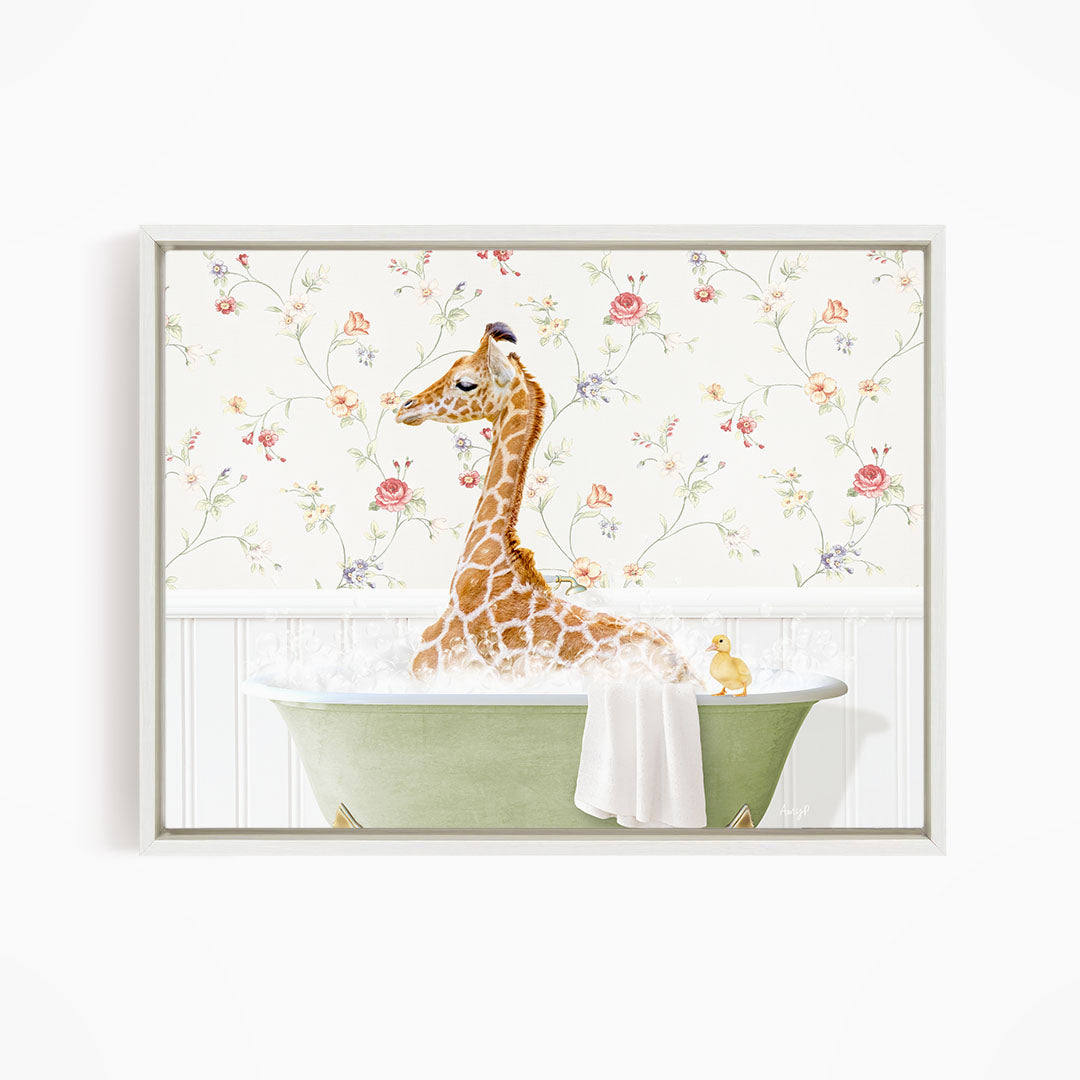 A giraffe sitting in a green bathtub, surrounded by a floral wallpaper, with a yellow duck nearby.
