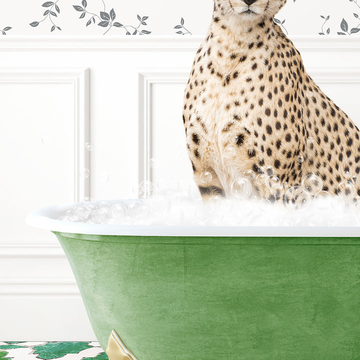 a cheetah sitting in a green bath tub