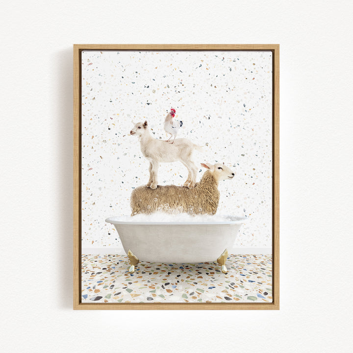 A framed image depicting a white goat standing on a bathtub filled with water, with a chicken perched on top of the goat.